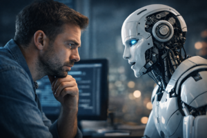 A human interacting with an advanced artificial intelligence robot, showing how AI is transforming human life and technology.