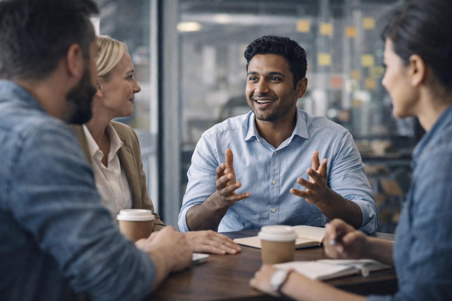 people discussing ideas showing communication and leadership skills in modern workplace