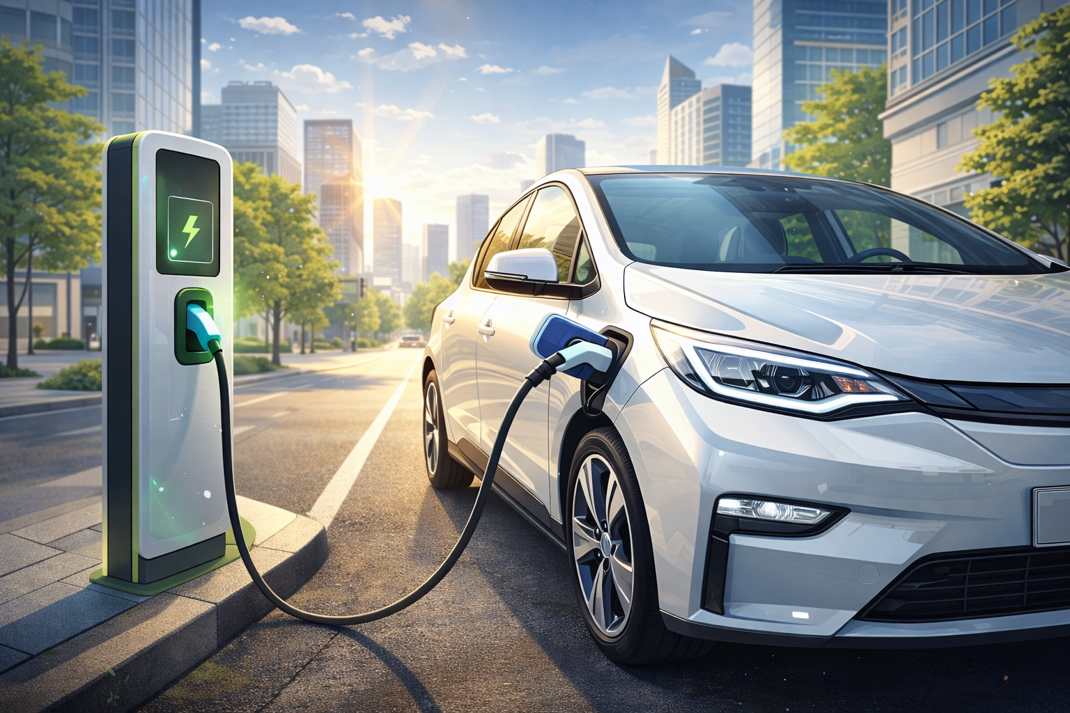 Modern electric vehicle parked on city street with charging station, clean energy concept