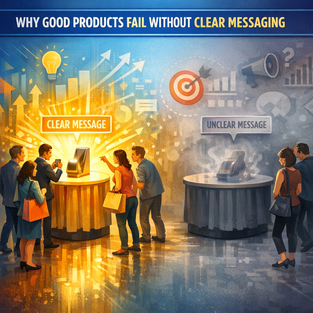 A conceptual image representing 'Why Good Products Fail Without Clear Messaging': A table with two products, one labeled 'Clear Message' glowing and attracting people, another labeled 'Unclear Message' fading away with few people noticing, abstract business and marketing background, bright and engaging colors, Telugu concept illustration style Failing in market