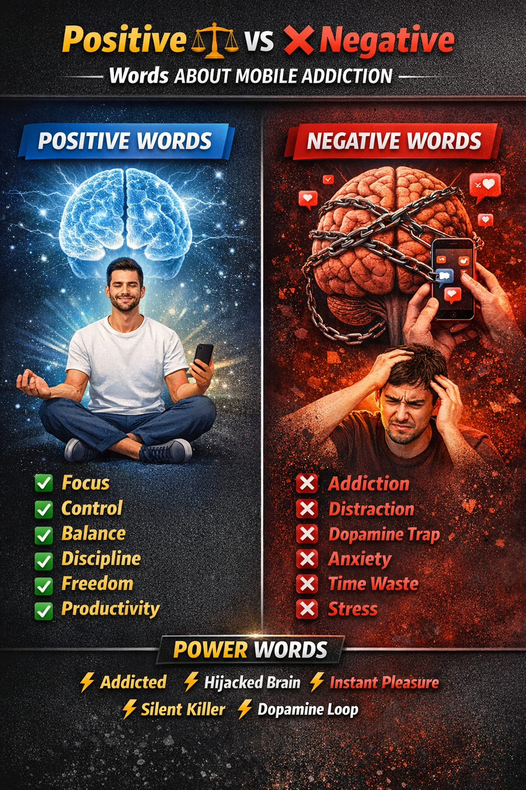 How mobile phone addiction affects the brain and body infographic.