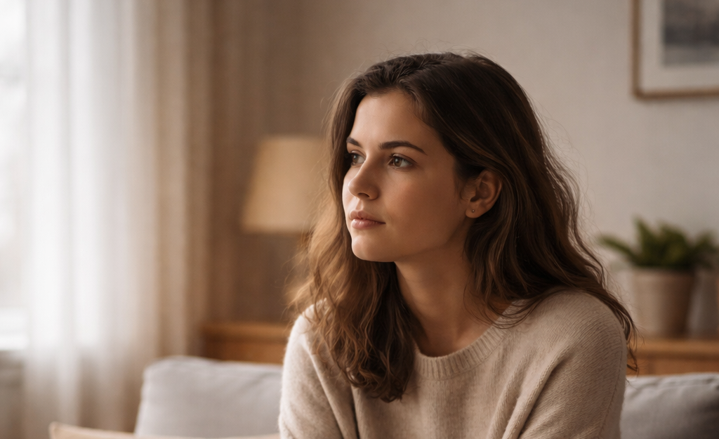 A calm person sitting alone in a quiet room with soft light, thoughtful expression. Anxious